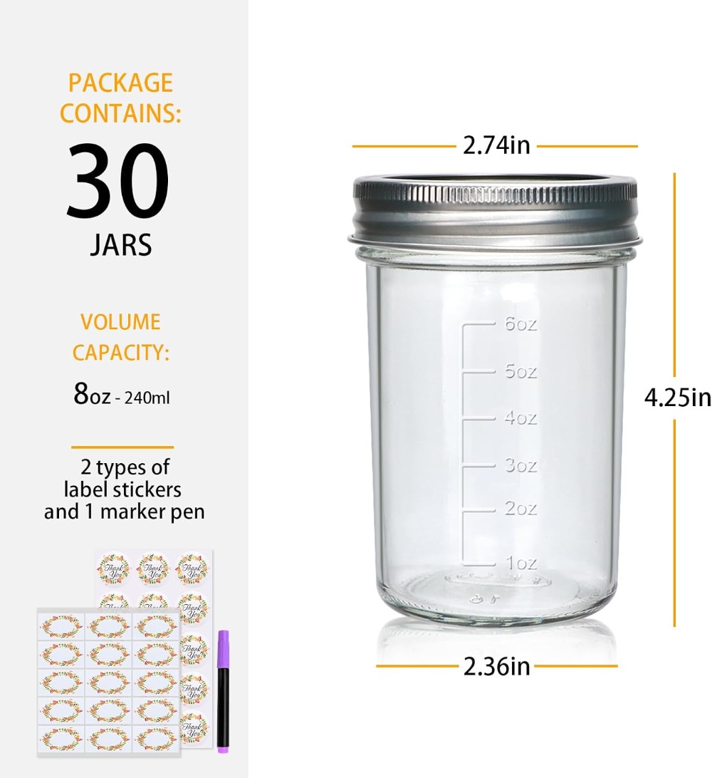 30 Pack 8 oz Mason Jars with L - огляд і ціна Mason Jar 8Oz